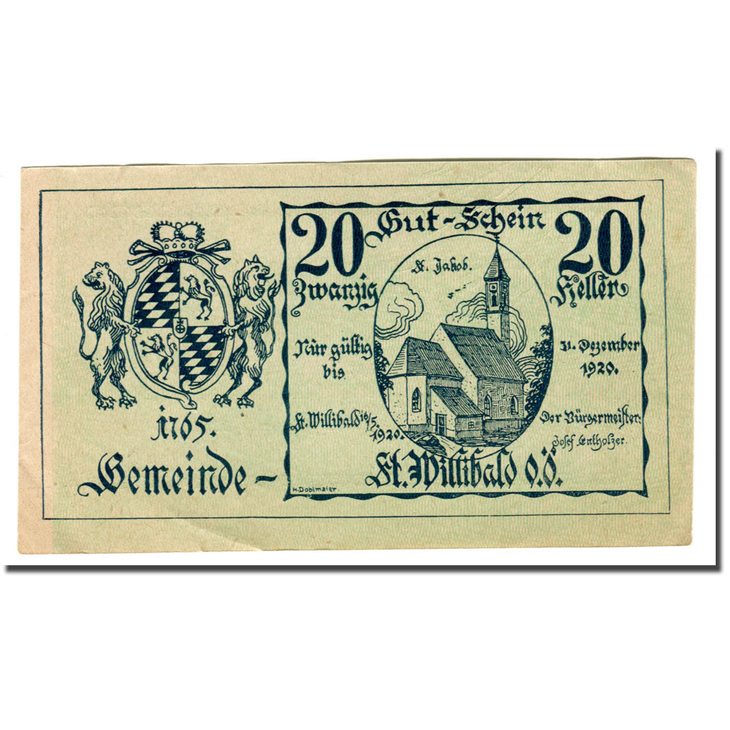 Banknote, Austria, St. Willibald O.Ö. Gemeinde, 20 Heller, Texte 2, 1920