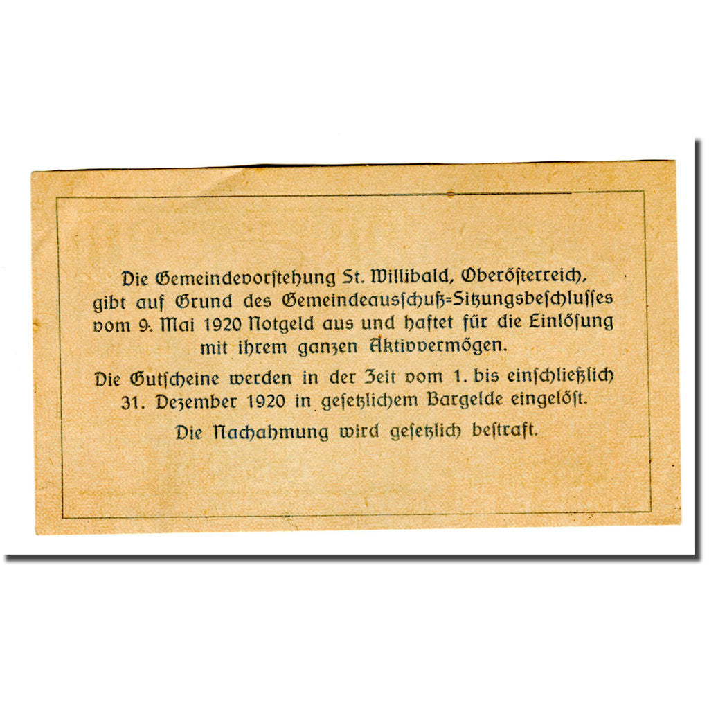 Biljet, Oostenrijk, St. Willibald O.Ö. Gemeinde, 20 Heller, Texte 3, 1920