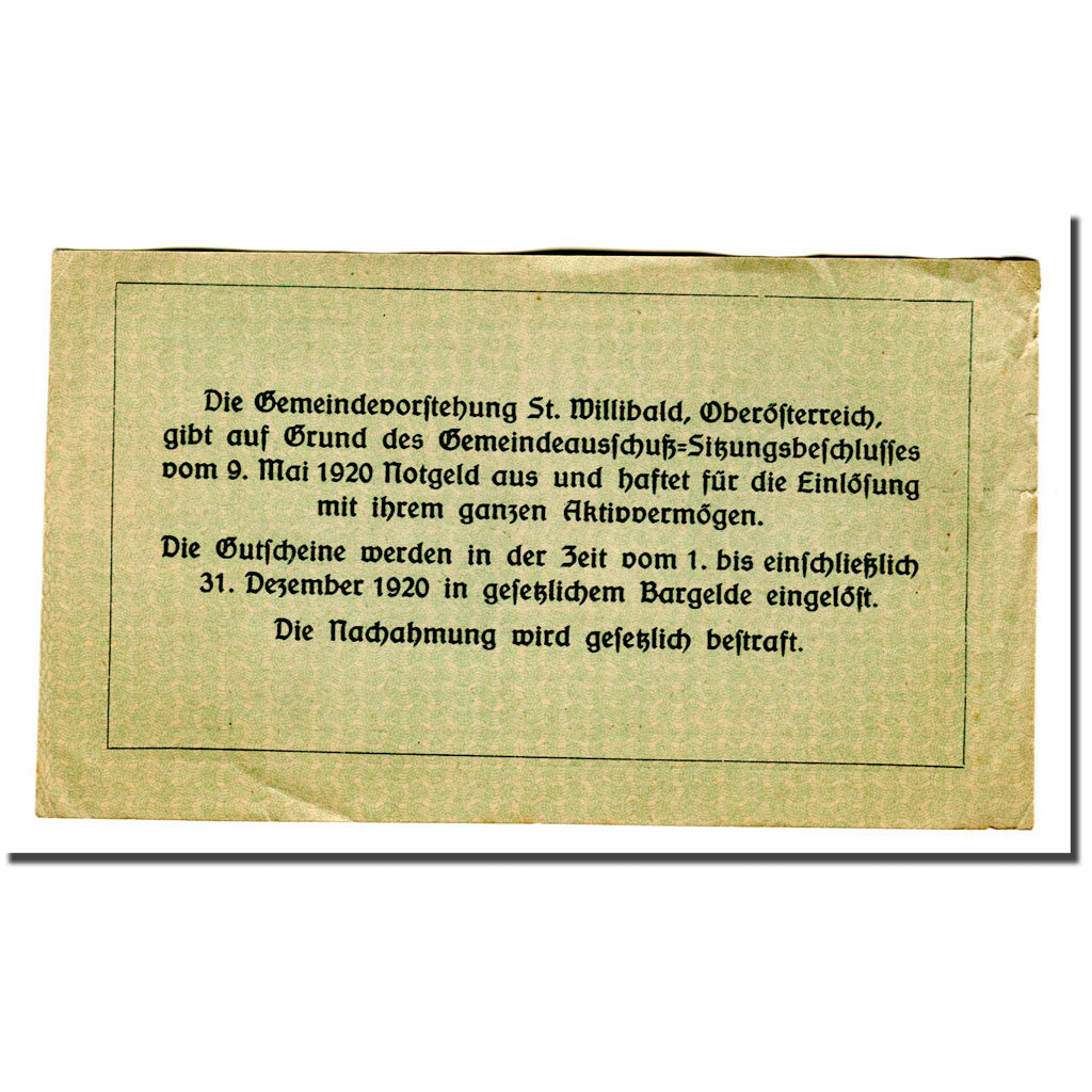 Geldschein, Österreich, St. Willibald O.Ö. Gemeinde, 50 Heller, Texte 4, 1920
