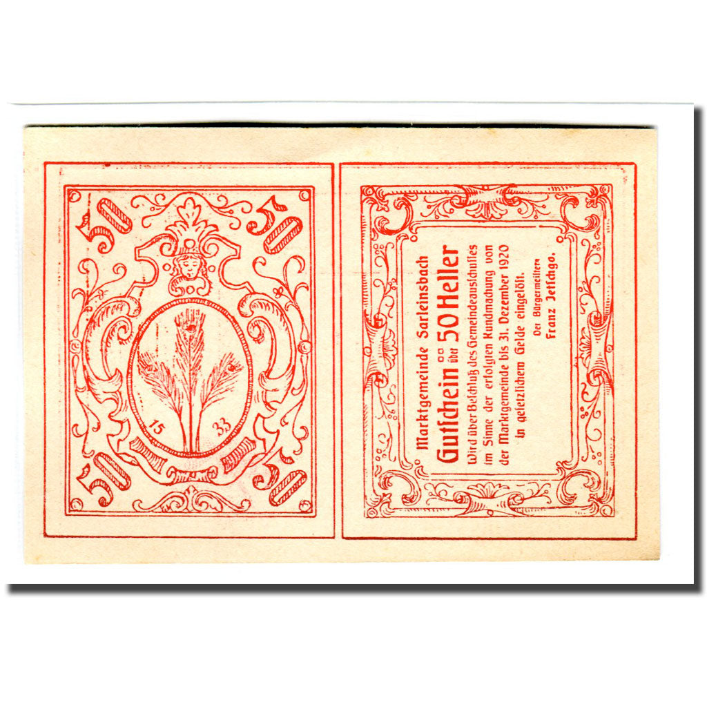 Banknote, Austria, Sarleinsbach, 50 Heller, texte 1, 1920, UNC(63), Mehl:948a