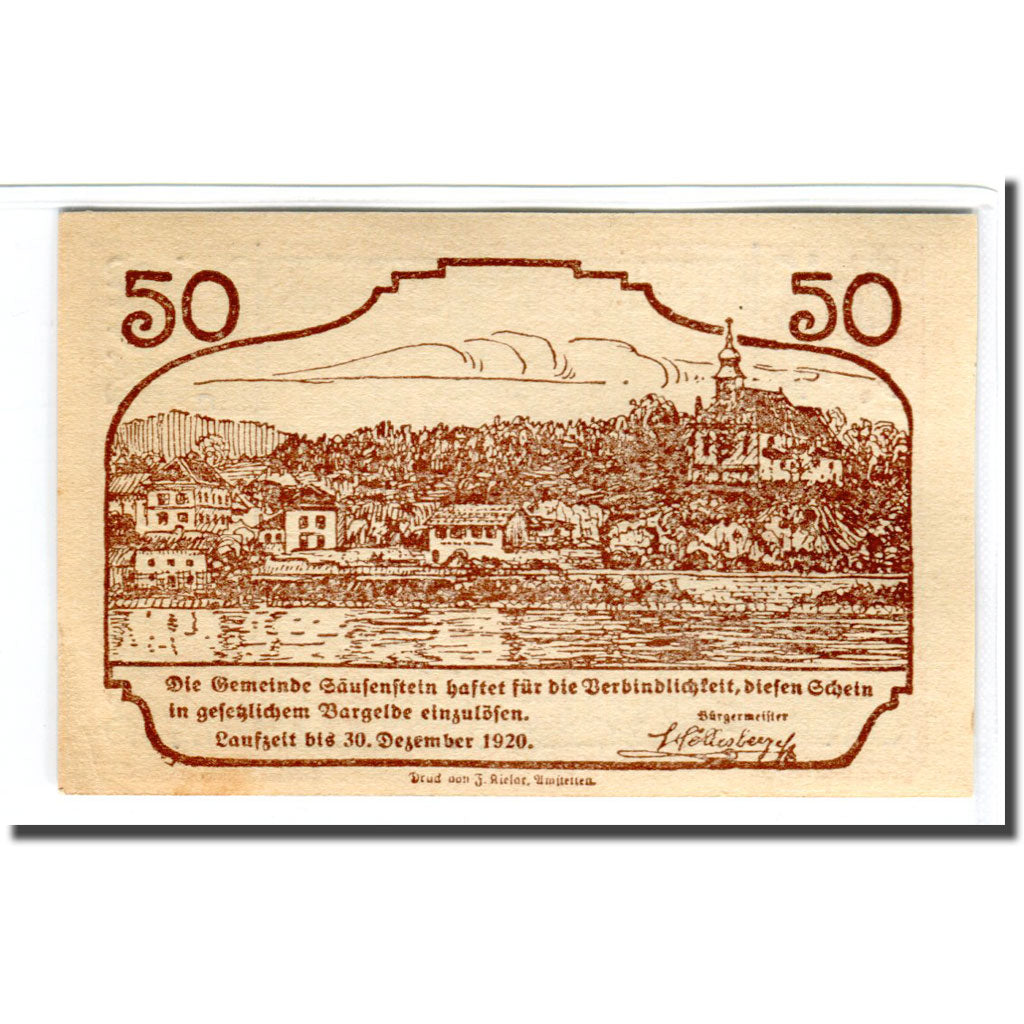 Banknote, Austria, Säusenstein N.Ö. Gemeinde, 50 Heller, personnage, 1920