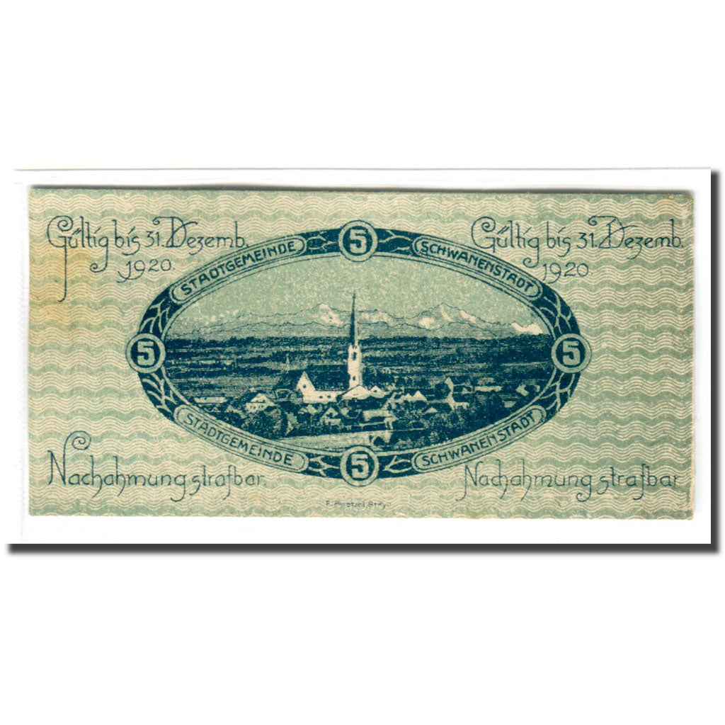 Banknote, Austria, Schwanenstadt, 5 Heller, paysage, 1920, UNC(63), Mehl:977Ia