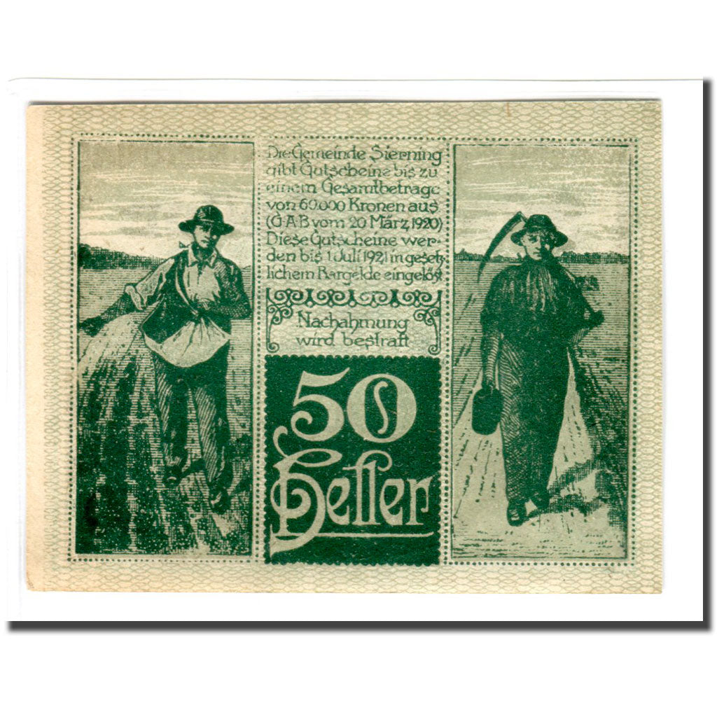 Banknote, Austria, Sierning, 50 Heller, personnage, 1920, 1920-03-20, UNC(63)