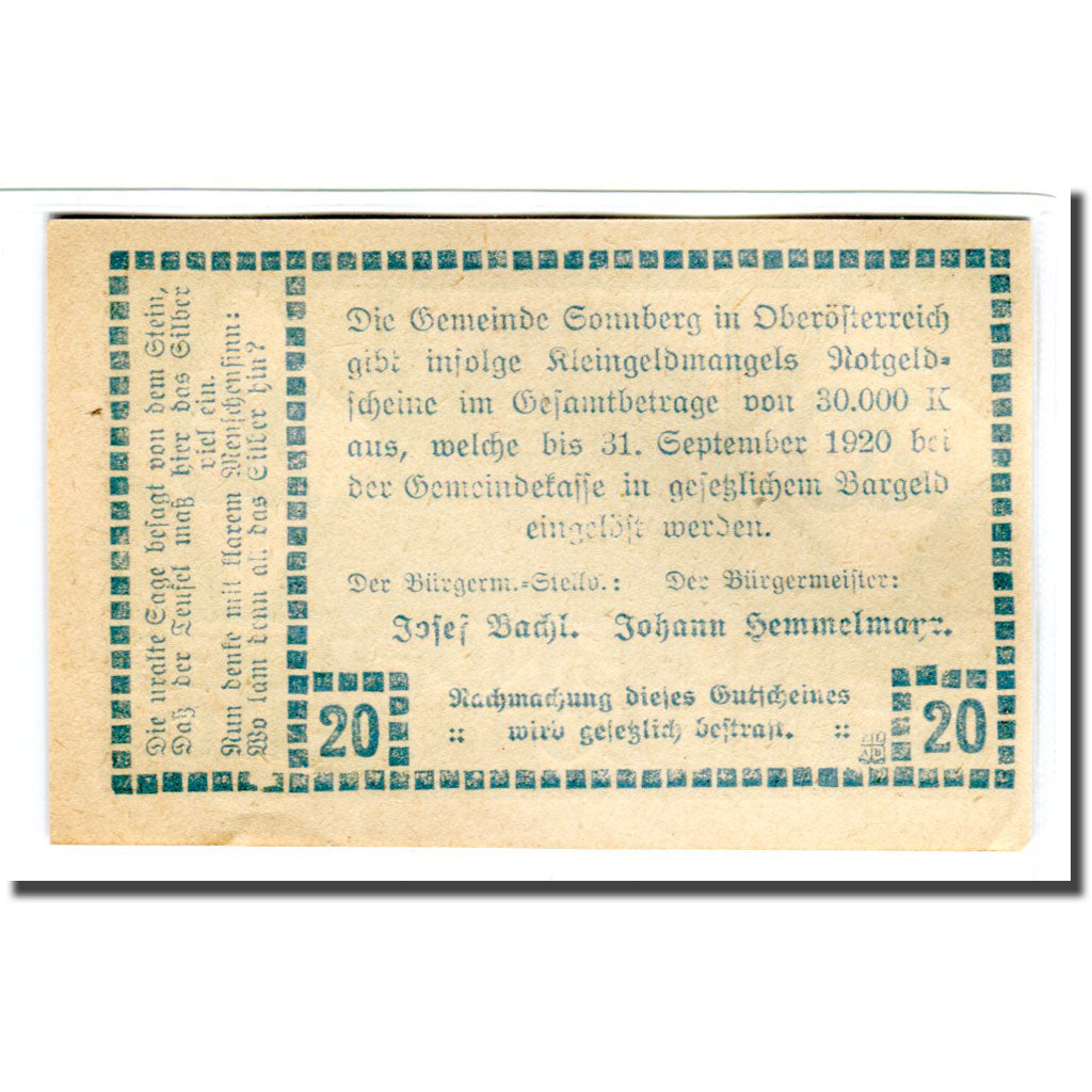 Banknote, Austria, Sonnberg O.Ö. Gemeinde, 20 Heller, paysage, 1920, UNC(63)
