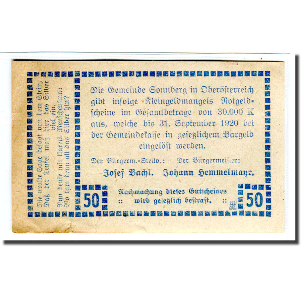 Banknote, Austria, Sonnberg O.Ö. Gemeinde, 50 Heller, paysage 1, 1920, UNC(63)