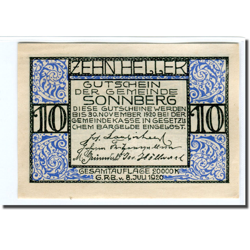 Nota, Áustria, Sonnberg O.Ö. Gemeinde, 10 Heller, personnage, 1920