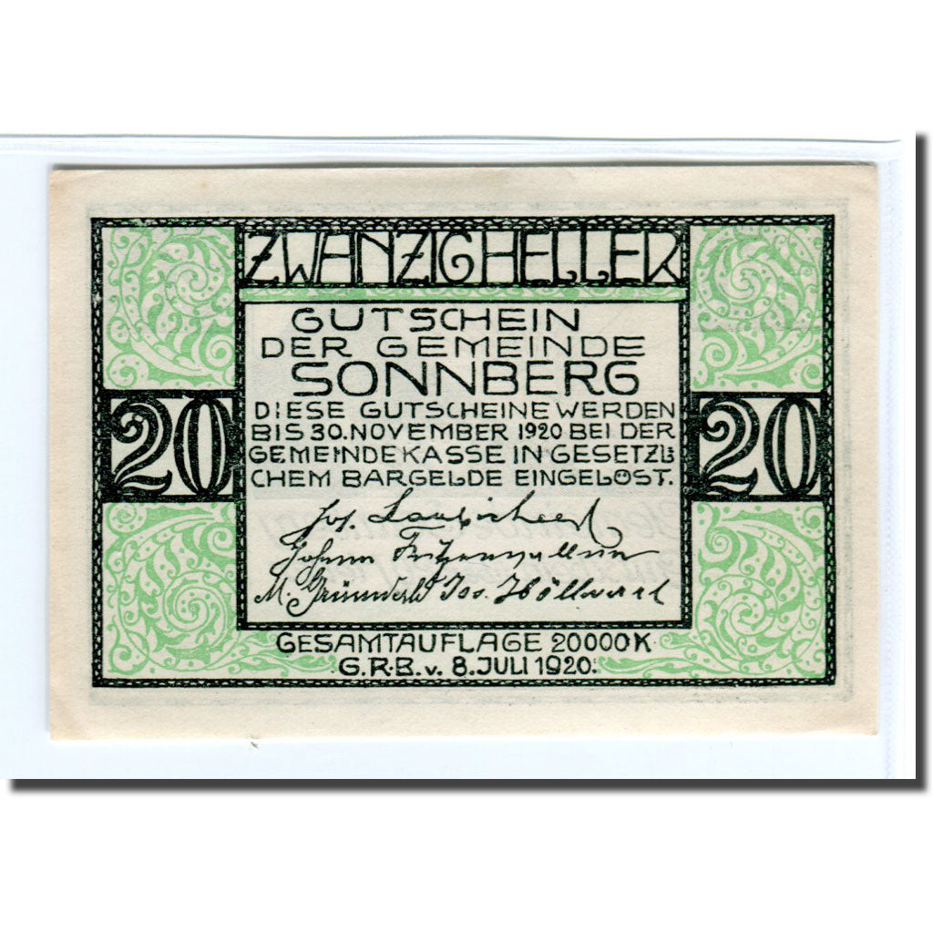 Banknote, Austria, Sonnberg O.Ö. Gemeinde, 20 Heller, paysage, 1920