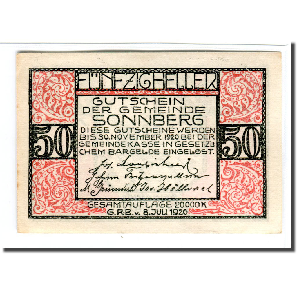 Banknot, Austria, Sonnberg O.Ö. Gemeinde, 50 Heller, personnage 1, 1920