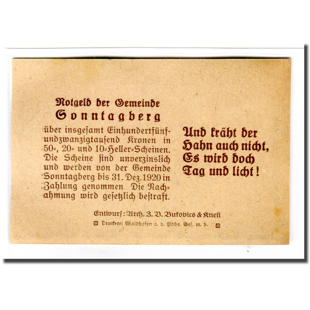 Banknote, Austria, Sonntagberg, 20 Heller, Texte, 1920, UNC(63), Mehl:1005a