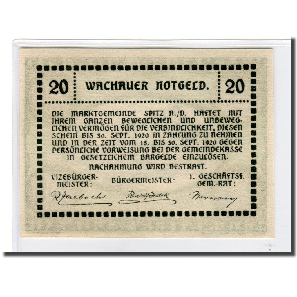 Billete, Austria, Wachauer Notgeld Dürnstein N.Ö. Gemeinde, 20 Heller, texte
