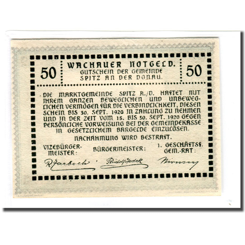 Billete, Austria, Wachauer Notgeld Emmersdorf N.Ö. Gemeinde, 50 Heller, Texte