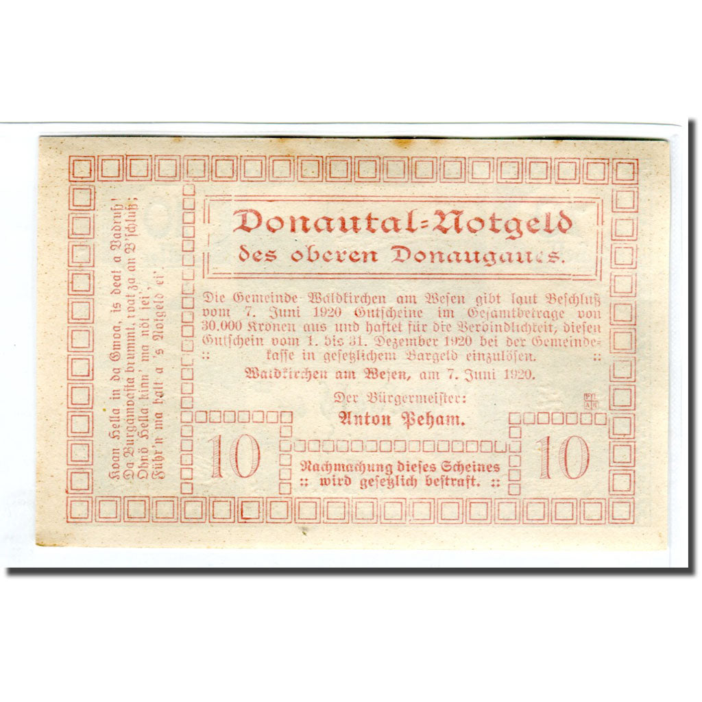 Banknot, Austria, Waldkirchen Am Wesen O.Ö. Gemeinde, 10 Heller, paysage, 1920
