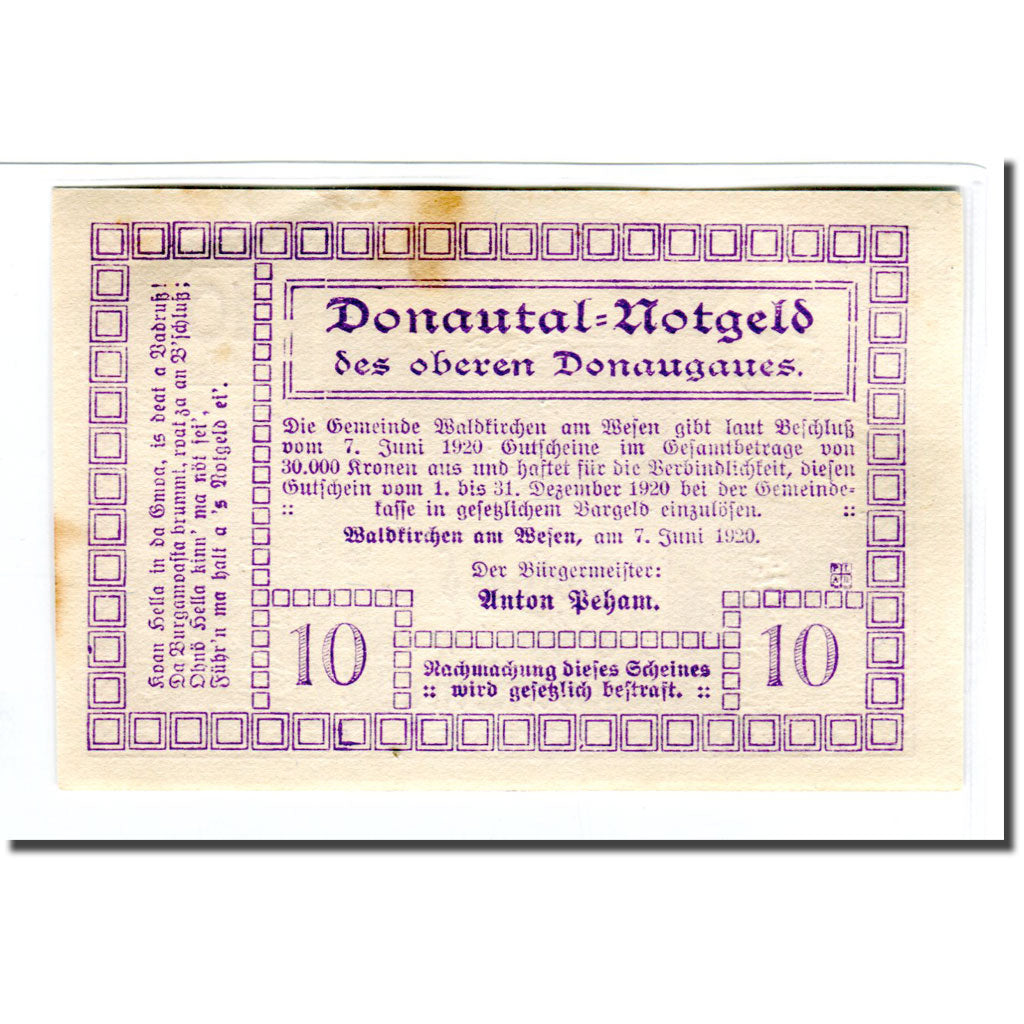 Banknote, Austria, Waldkirchen Am Wesen O.Ö. Gemeinde, 10 Heller, paysage 1