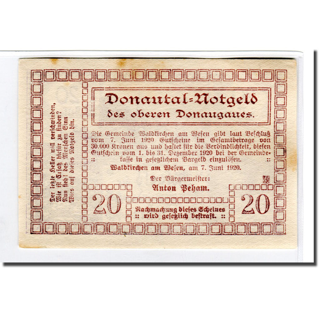 Banknote, Austria, Waldkirchen Am Wesen O.Ö. Gemeinde, 20 Heller, paysage 2