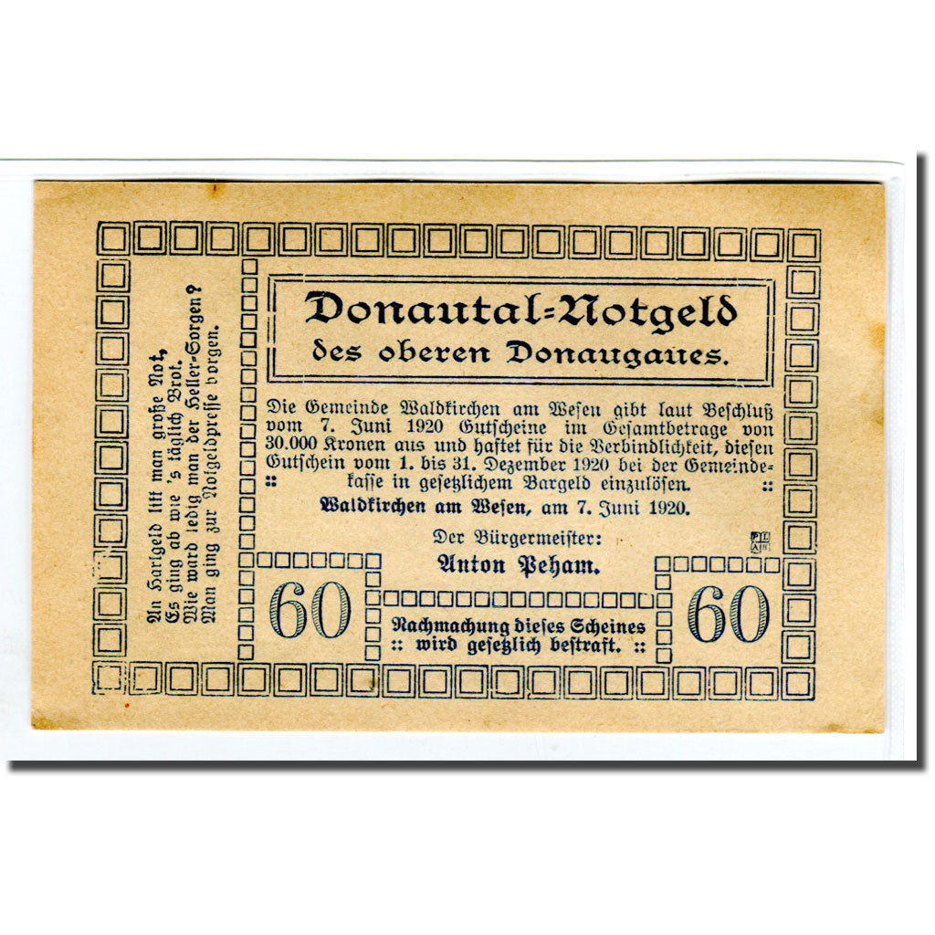 Banknote, Austria, Waldkirchen Am Wesen O.Ö. Gemeinde, 60 Heller, paysage 3