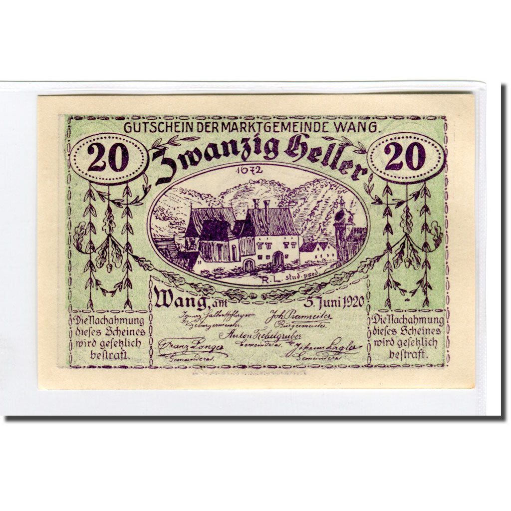 Banknote, Austria, Wang N.Ö. Marktgemeinde, 20 Heller, Blason, 1920