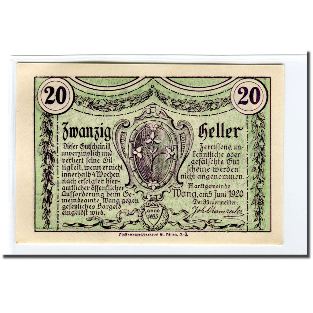 Banknote, Austria, Wang N.Ö. Marktgemeinde, 20 Heller, Blason, 1920