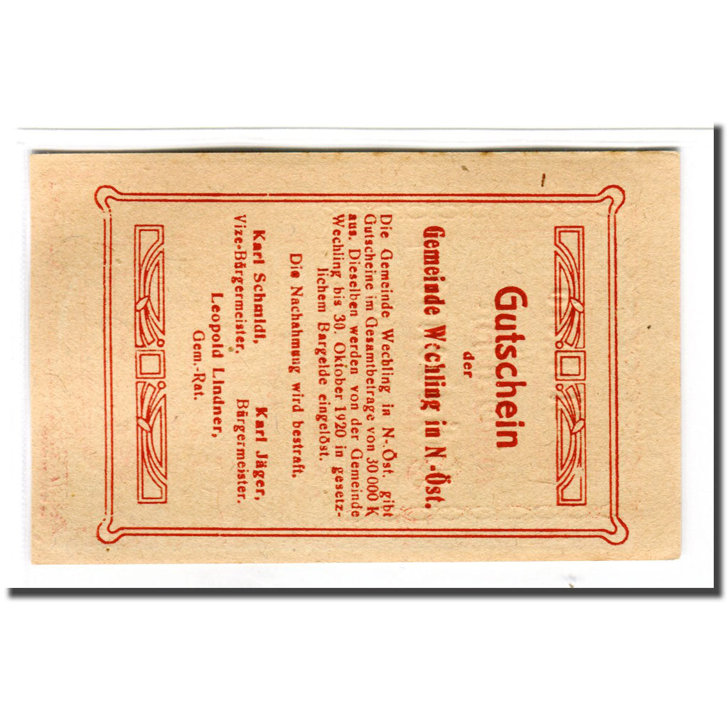 Banknote, Austria, Wechling, 30 Heller, Texte  5, 1920, UNC(63), Mehl:1145a
