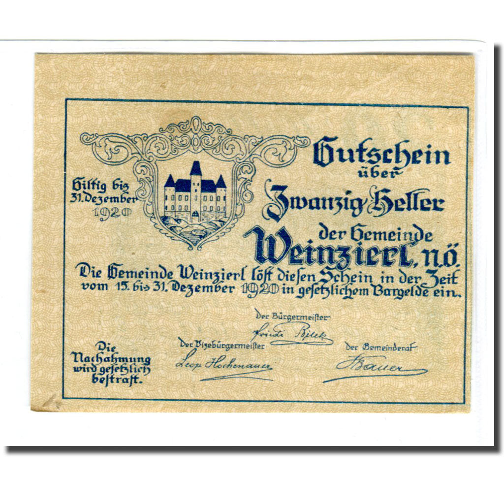 Banknote, Austria, Weinzierl bei Wieselburg N.Ö. Gemeinde, 20 Heller, paysage
