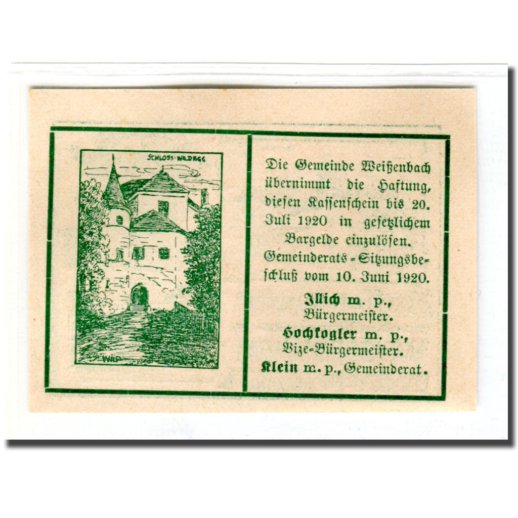 Billete, Austria, Weissenbach bei Mödling N.Ö. Gemeinde, 50 Heller, Batiment