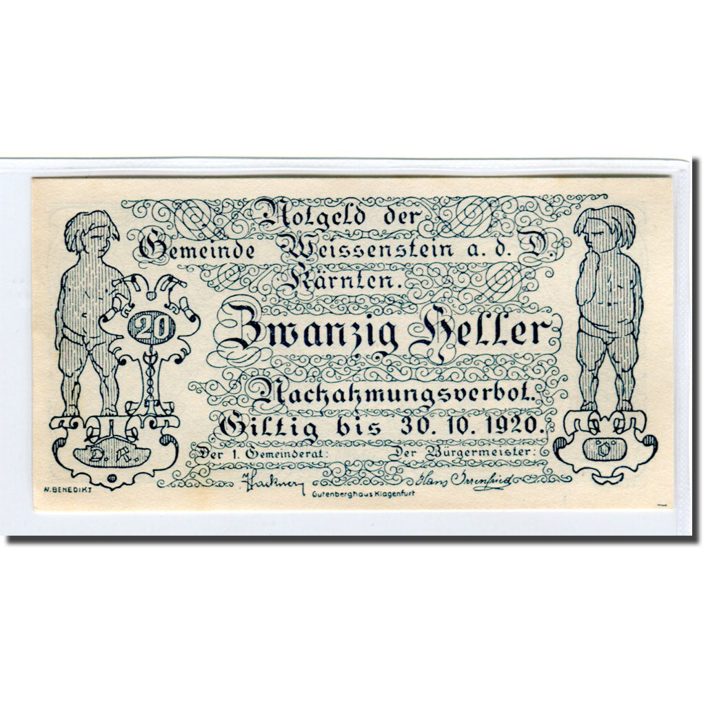 Nota, Áustria, Weissenstein an der Drau Kärnten Gemeinde, 20 Heller, Blason 1