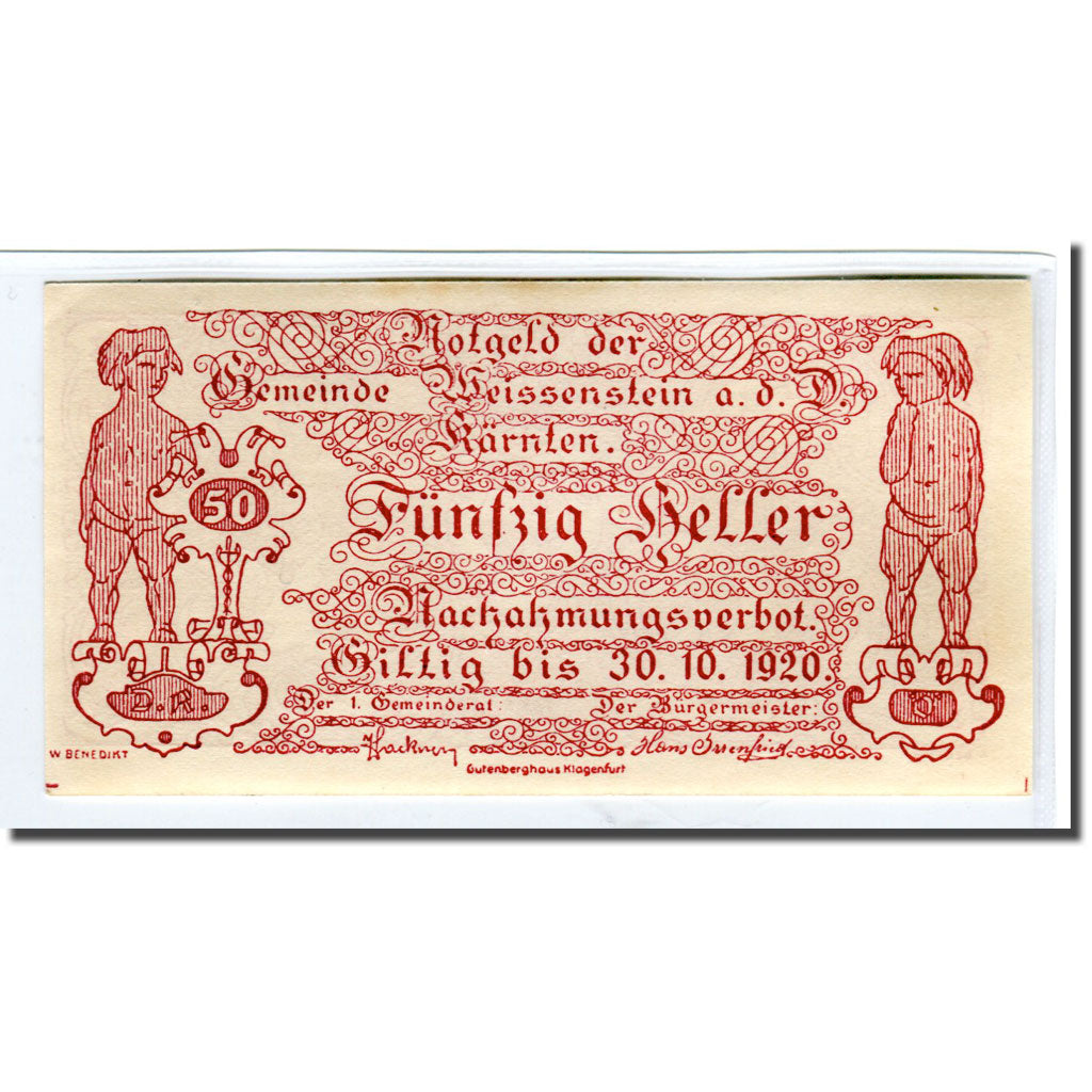 Nota, Áustria, Weissenstein an der Drau Kärnten Gemeinde, 50 Heller, Blason 2