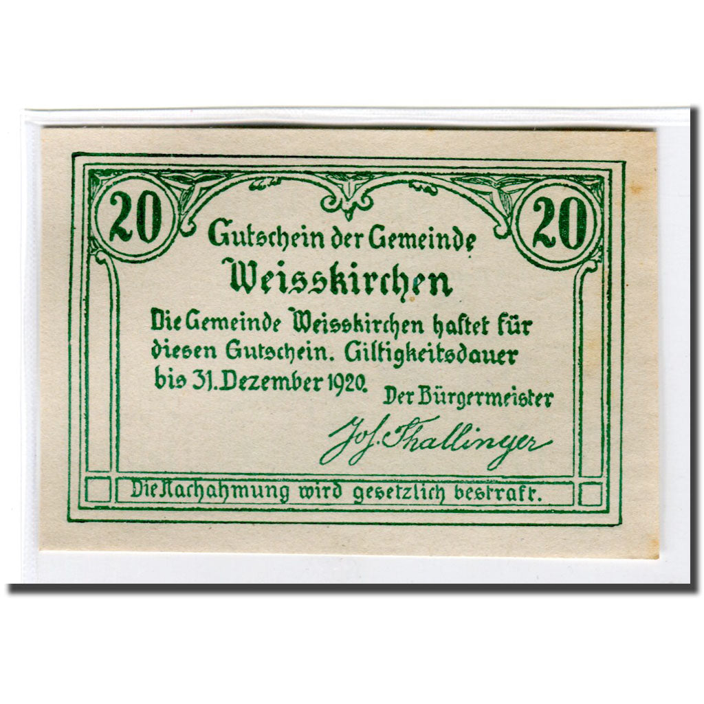 Biljet, Oostenrijk, Weisskirchen O.Ö. Gemeinde, 20 Heller, Texte, 1920, SPL