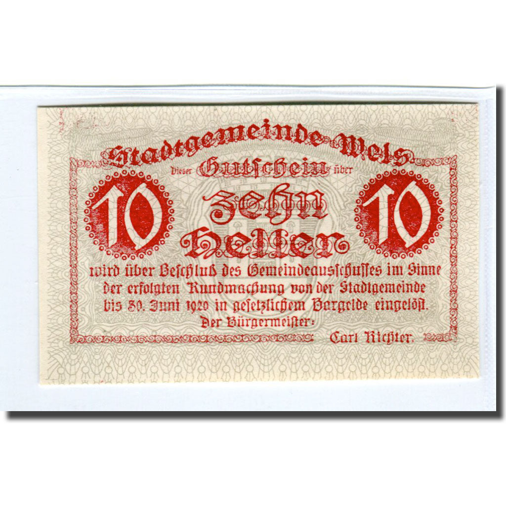 Banknote, Austria, Wels, 10 Heller, Batiment, 1920, UNC(63), Mehl:1167Ic