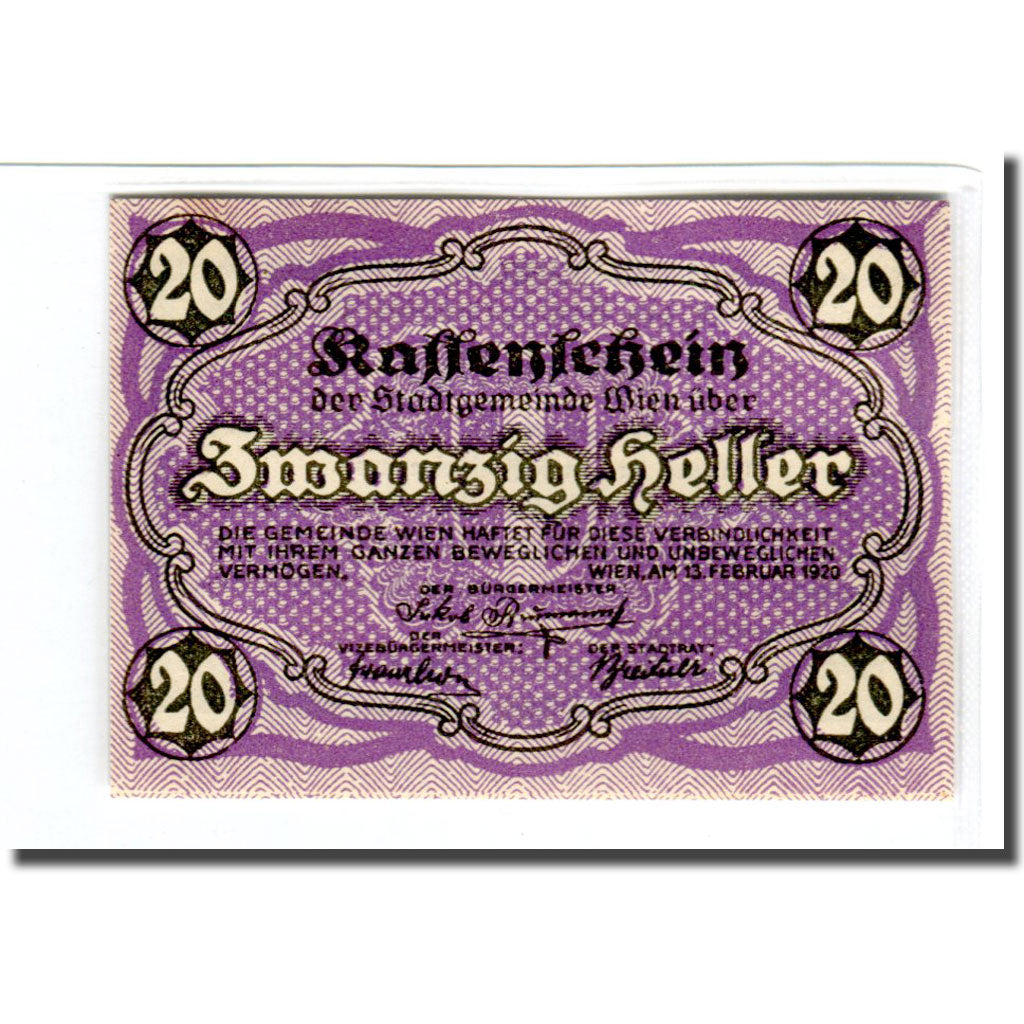 Banconote, Austria, Wien N.Ö. Stadtgemeinde, 20 Heller, Texte, 1920