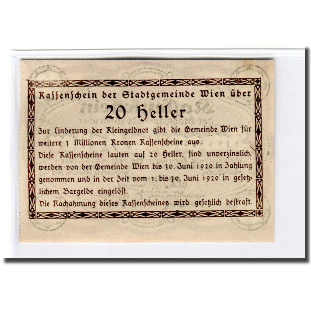 Banconote, Austria, Wien N.Ö. Stadtgemeinde, 20 Heller, Texte, 1920