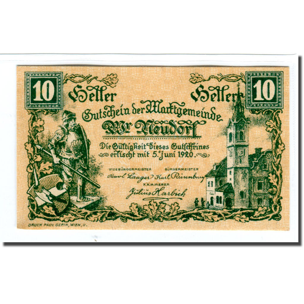 Billet, Autriche, Wiener Neudorf N.Ö. Marktgemeinde, 10 Heller, N.D, 1920, SPL