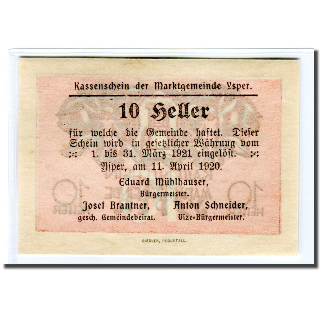 Banknot, Austria, Ysper, 10 Heller, Texte, 1920, 1920-04-11, UNC(63), Mehl:1261a