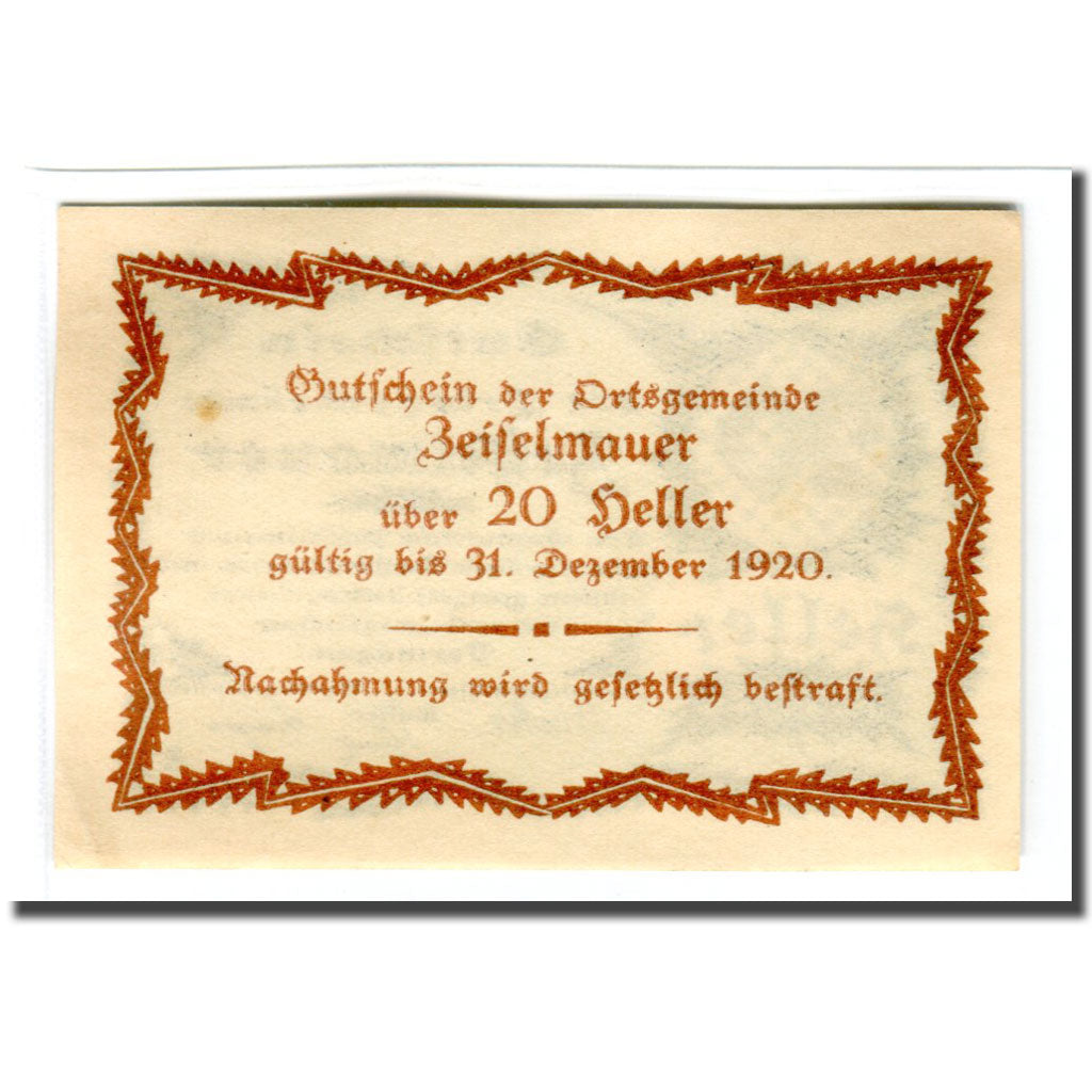 Billete, Austria, Zeiselmauer N.Ö. Ortsgemeinde, 20 Heller, Texte, 1920, SC