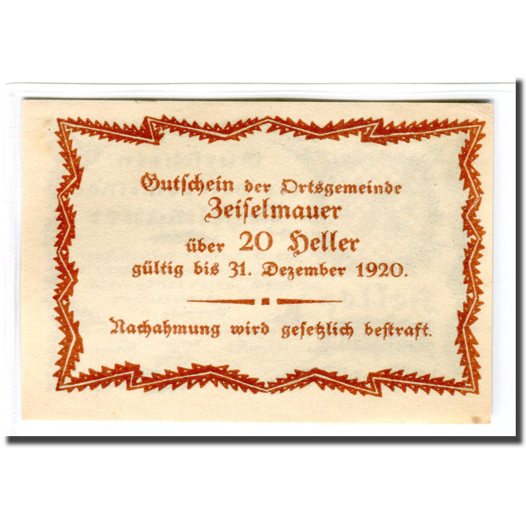 Banknote, Austria, Zeiselmauer N.Ö. Ortsgemeinde, 20 Heller, texte 1, 1920