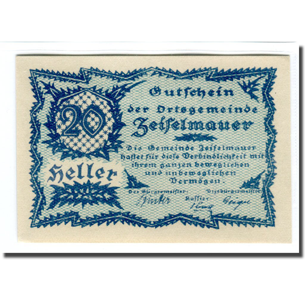 Billete, Austria, Zeiselmauer N.Ö. Ortsgemeinde, 20 Heller, Texte 2, 1920, SC