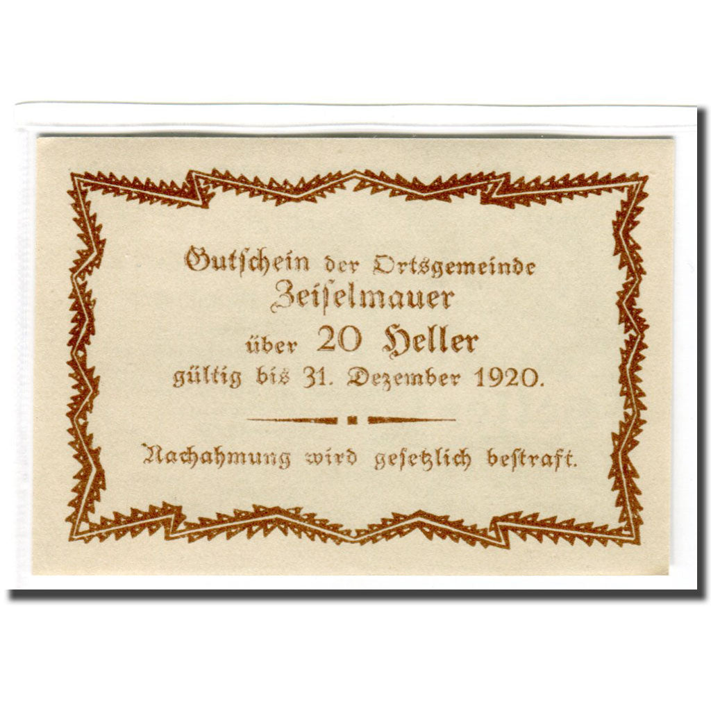 Billete, Austria, Zeiselmauer N.Ö. Ortsgemeinde, 20 Heller, Texte 2, 1920, SC