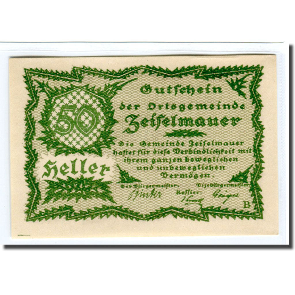 Billete, Austria, Zeiselmauer N.Ö. Ortsgemeinde, 50 Heller, Texte 3, 1920, SC