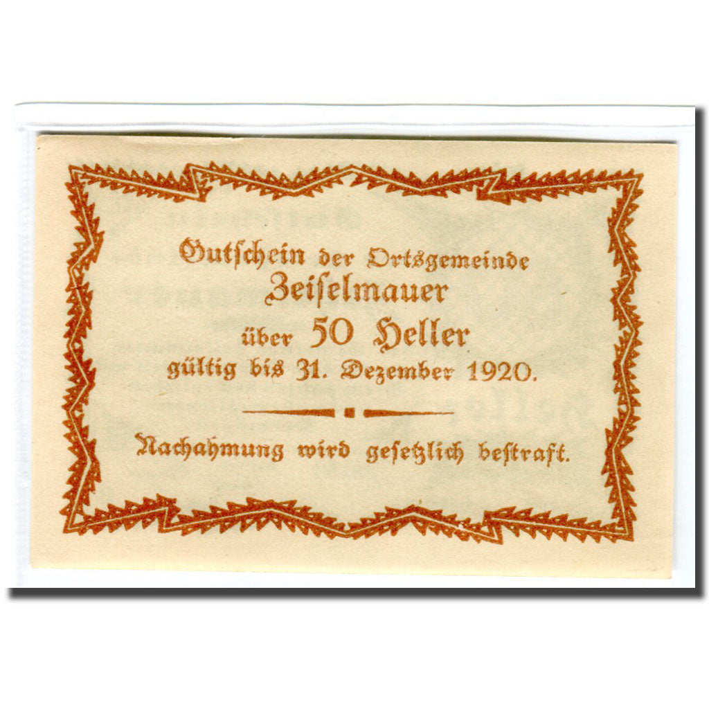 Billete, Austria, Zeiselmauer N.Ö. Ortsgemeinde, 50 Heller, Texte 3, 1920, SC