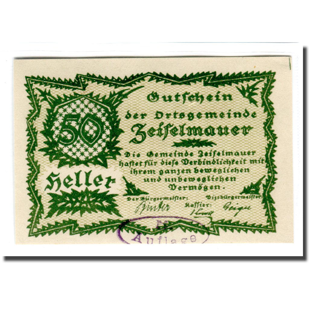Banknote, Austria, Zeiselmauer N.Ö. Ortsgemeinde, 50 Heller, Texte  5, 1920