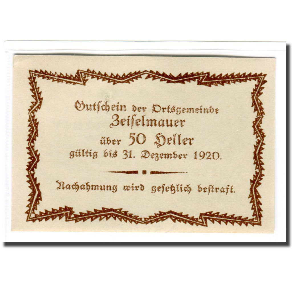Banknote, Austria, Zeiselmauer N.Ö. Ortsgemeinde, 50 Heller, Texte  5, 1920