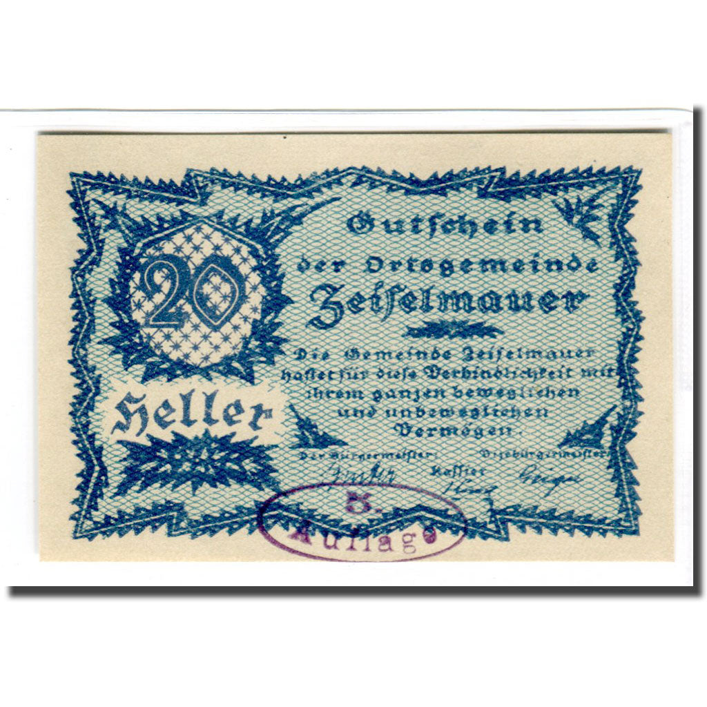 Billete, Austria, Zeiselmauer N.Ö. Ortsgemeinde, 20 Heller, Texte 6, 1920, SC