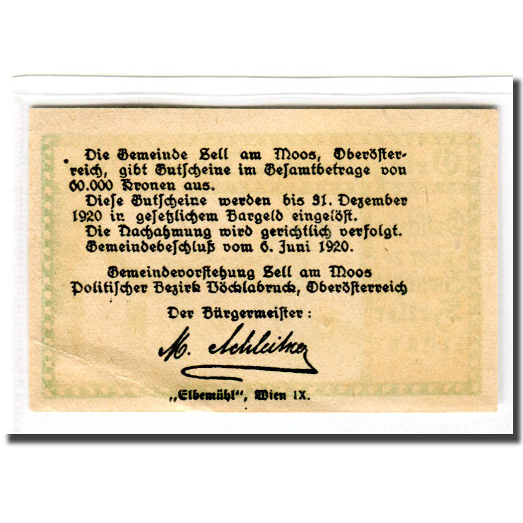 Banknote, Austria, Zell am Moos O.Ö. Ortsgemeinde, 20 Heller, Texte, 1920