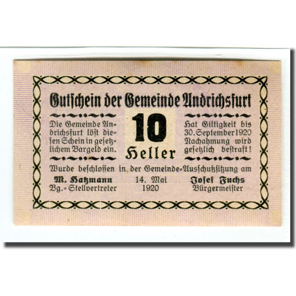 Banknote, Austria, Andrichsfurt, 10 Heller, valeur faciale, 1920, 1920-05-14