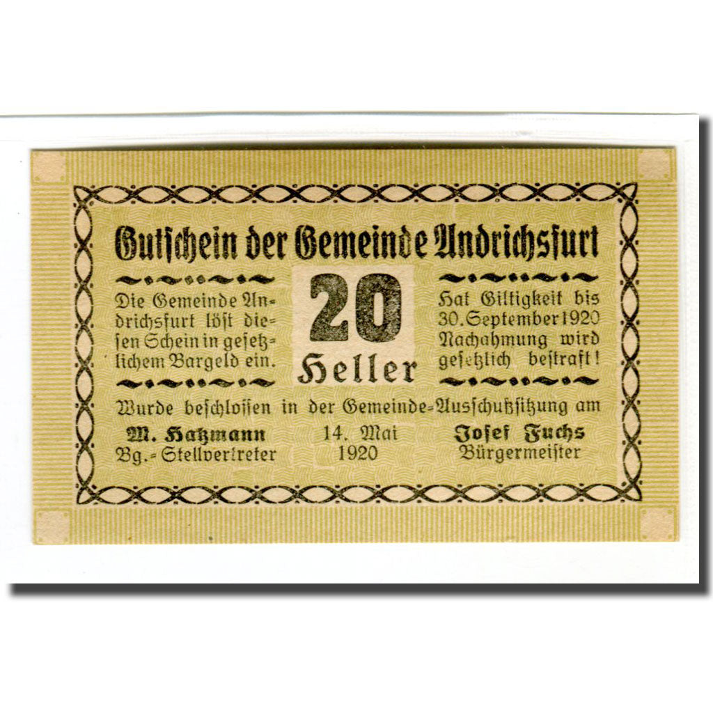 Banknote, Austria, Andrichsfurt, 20 Heller, valeur faciale 1, 1920, 1920-05-14