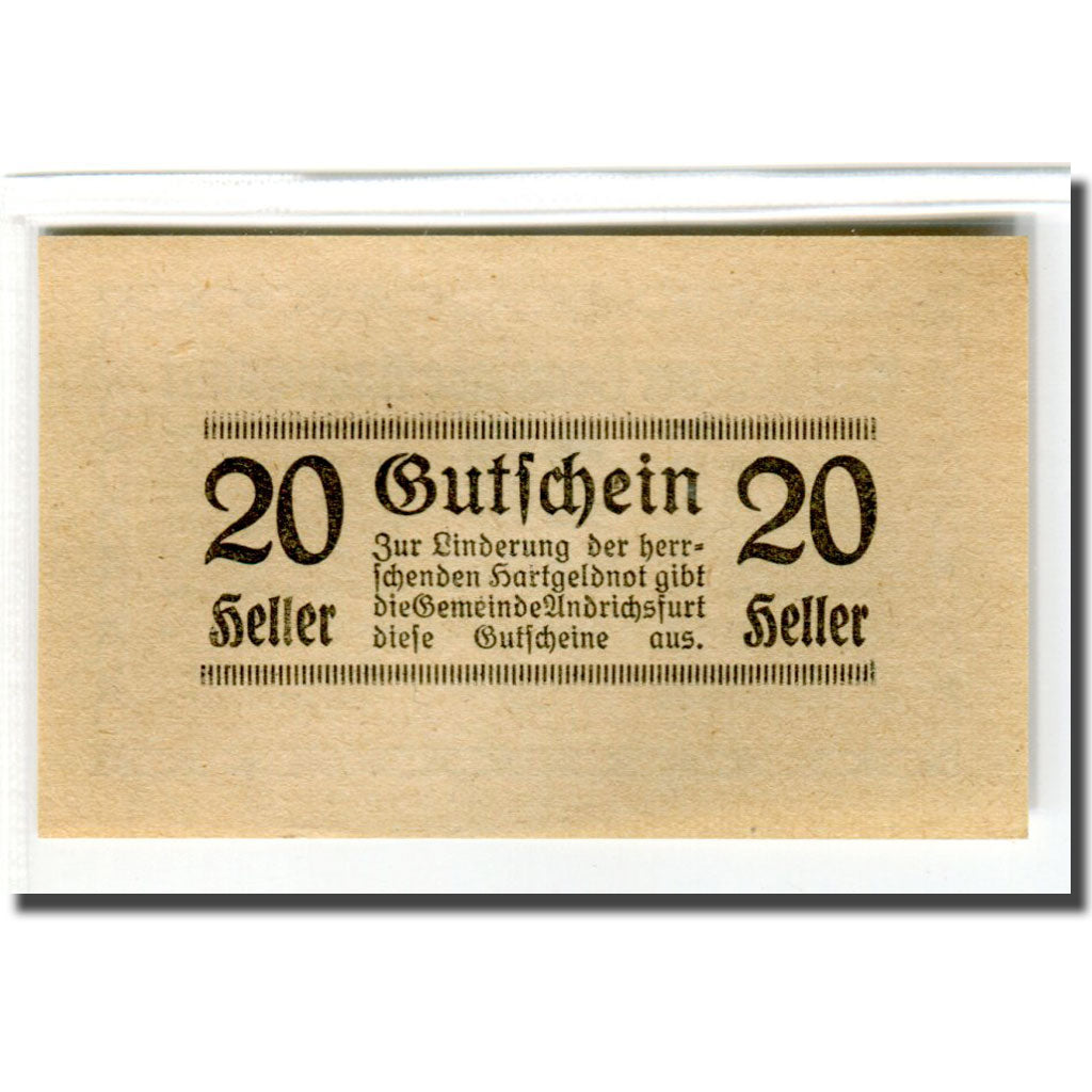 Banknote, Austria, Andrichsfurt, 20 Heller, valeur faciale 1, 1920, 1920-05-14