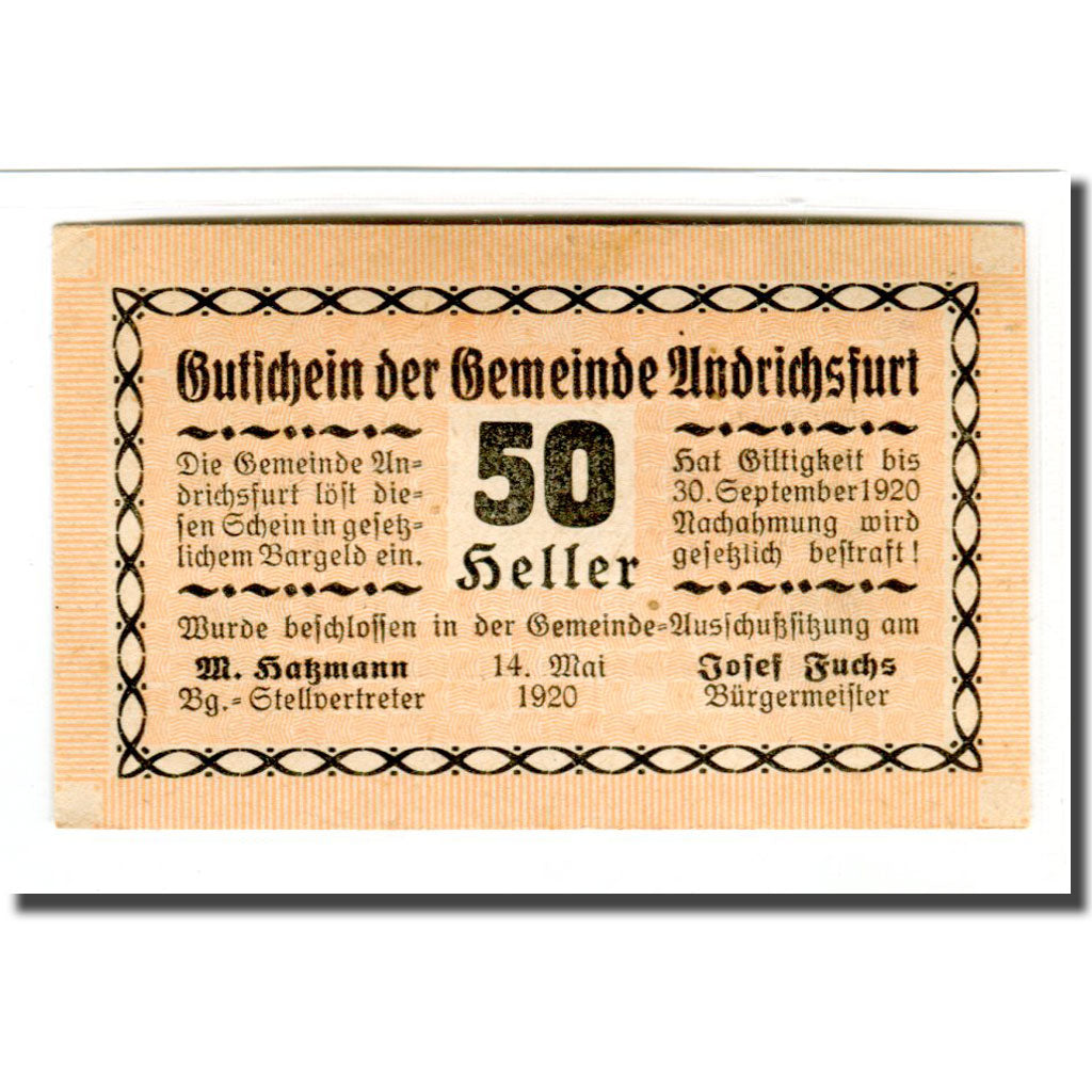 Billete, Austria, Andrichsfurt, 50 Heller, valeur faciale 2, 1920, 1920-05-14