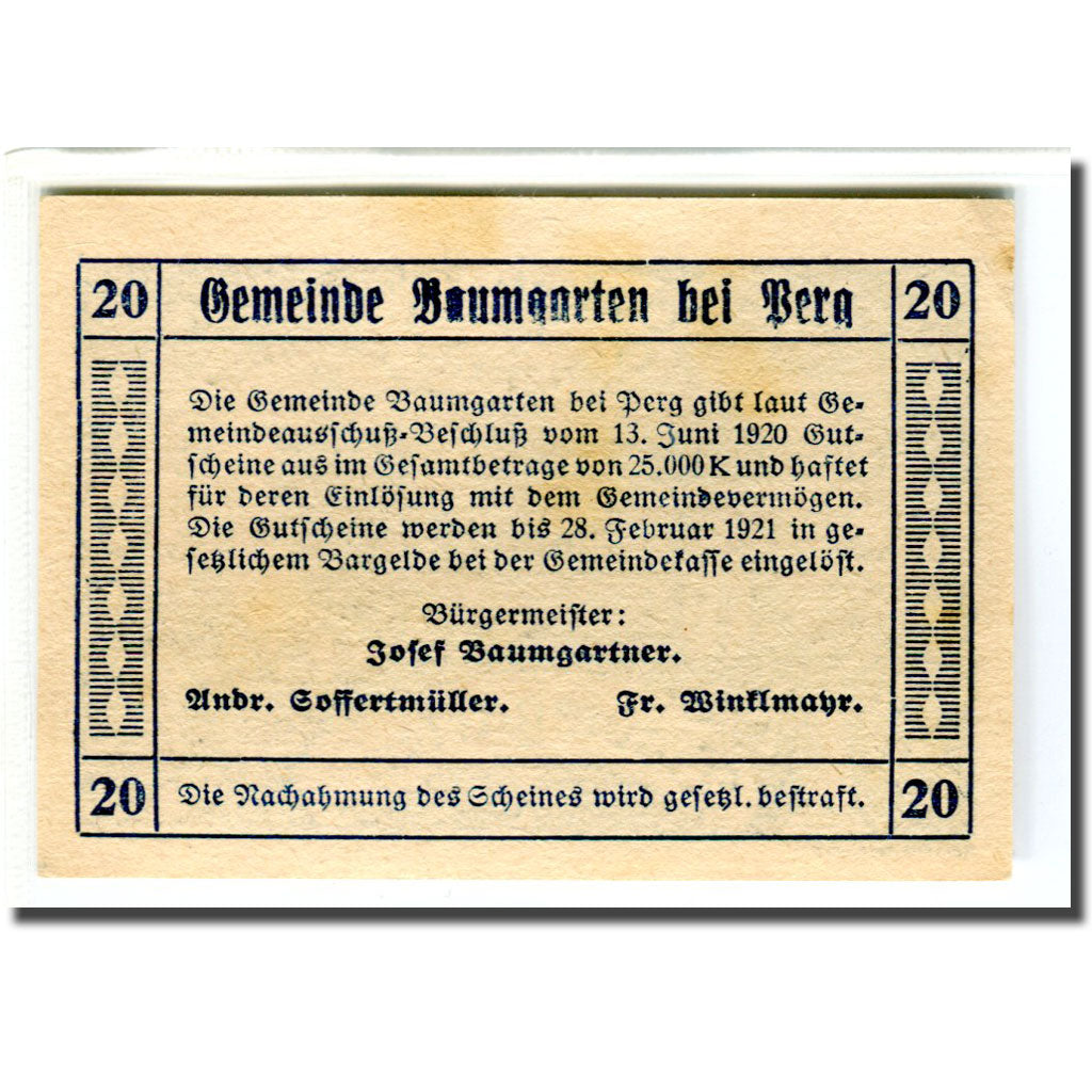 Nota, Áustria, Baumgarten, 20 Heller, Texte, 1920, 1920-06-13, UNC(63)