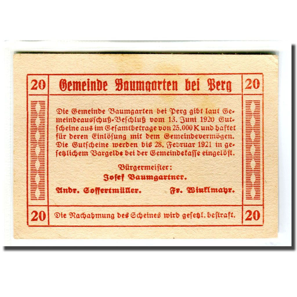 Nota, Áustria, Baumgarten, 20 Heller, texte 1, 1920, 1920-06-13, UNC(63)