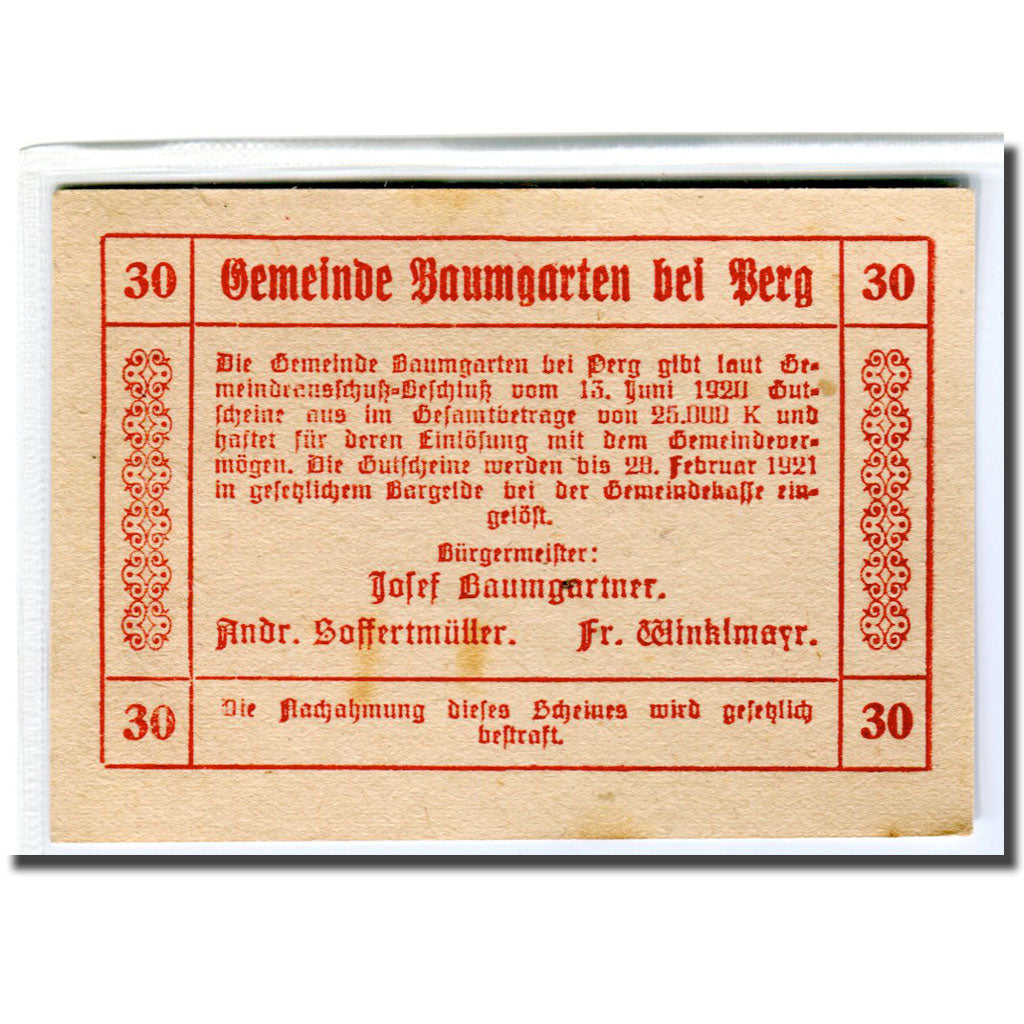 Billete, Austria, Baumgarten, 30 Heller, Texte 2, 1920, 1920-06-13, SC, Mehl:78c