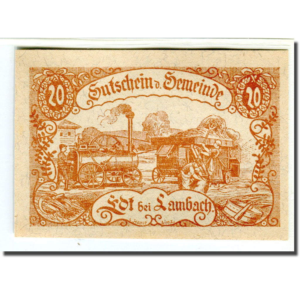 Nota, Áustria, EDT Bei Lambach O.Ö. Gemeinde, 20 Heller, Texte, 1920, UNC(63)